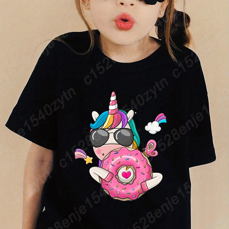Unicorn Donut Print T-shirts Children Girls Summer Short Sleeve T Shirt Round Neck Solid Color Soft Tee Kids Loose T-Shirt
