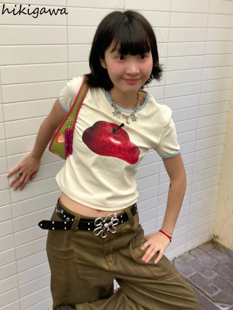 Женские укороченные футболки с принтом яблока винтажные шикарные летние