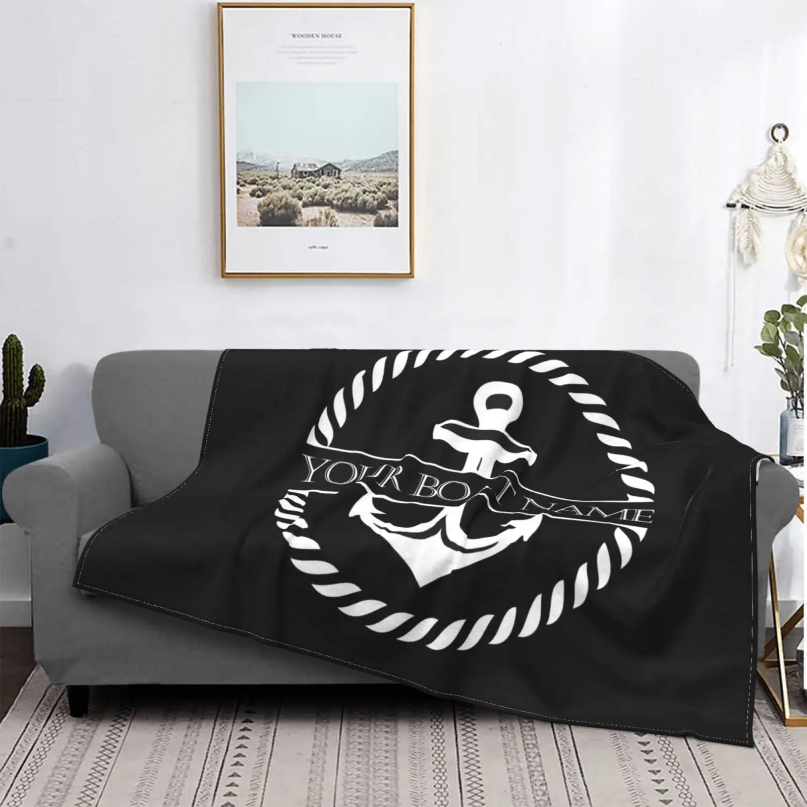 Black Nautical Decorative Anchor Blanket Customizable Flannel Blanket Soft Breathable Thermal Bedding and Travel Blanket