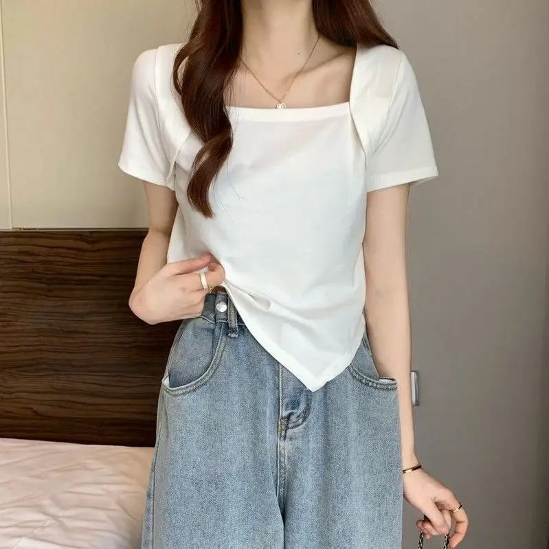 

2022 summer maternity square neck short sleeve t-shirt women's solid color Black