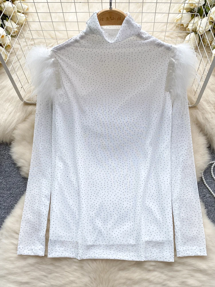 Женская Сетчатая футболка-стрейч с высоким воротником