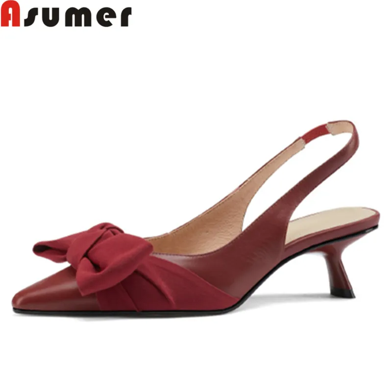 

ASUMER 2022 New Butterfly Knot Genuine Leather Women Sandals Thin Med Heels Sandals Ladies Summer Shallow Dress Shoes