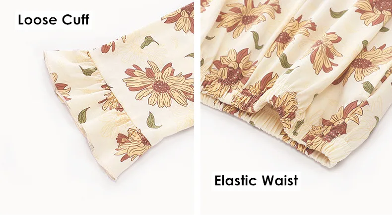 Yasuk Spring Autuum Fashion Women's Casual  Lace Square Collar Sleepwear Homewear Lovely Sweet Pajamas With Pants Soft Sunflower