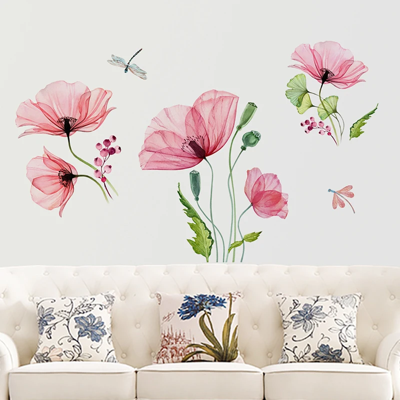 2Pcs Poppies And Dragonflies In Pastoral Leisure Style Decorative Wallpaper PVC Material Living Room Bedroom Decorative Sticks