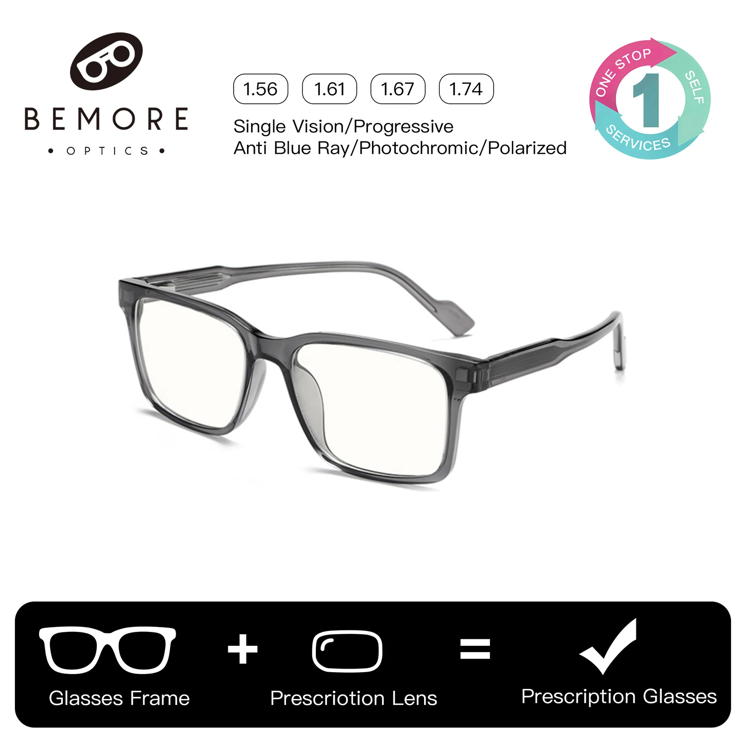 Фото Очки BEMORE Square Acetate Clip-on с диоптриями, женские, поляризационные, с защитой от УФ400, магнитные, оптические №1