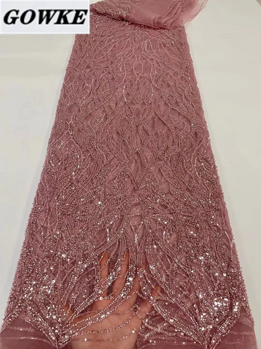 

Великолепная нигерийская роскошная кружевная ткань с бусинами, французская тяжелая ткань ручной работы с блестками для элегантного свадебного платья