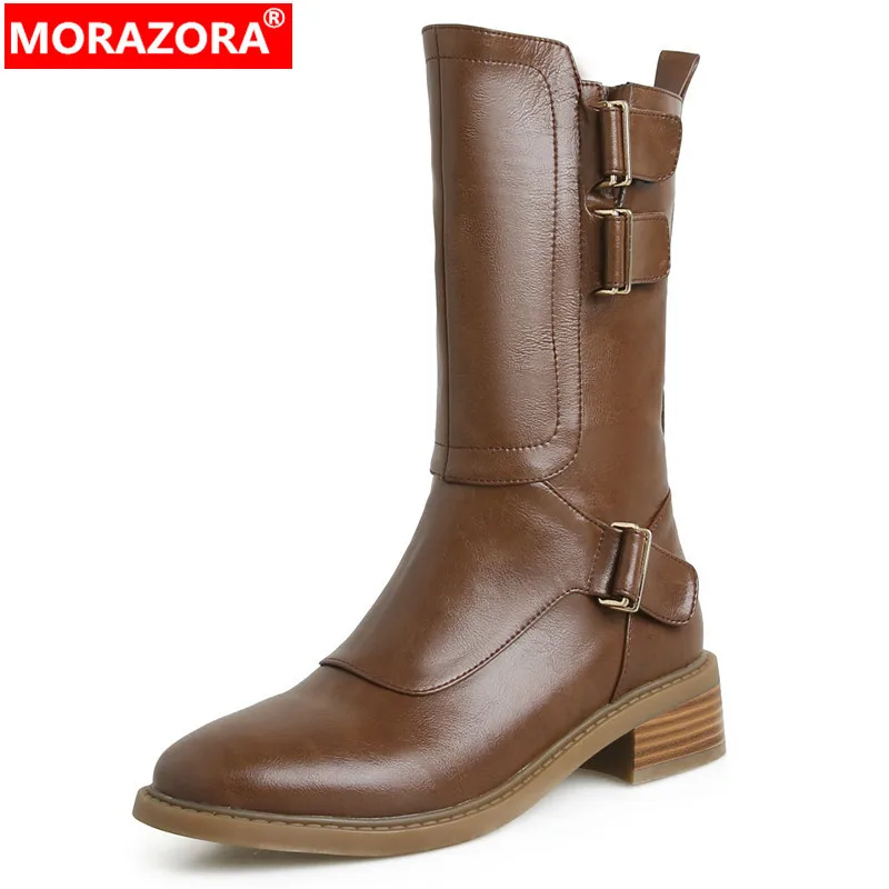 

MORAZORA 2023 New Genuine Leather Mid Calf Boots Square Med Heels Modern Women Boots Zipper Punk Ladies Winter Boots