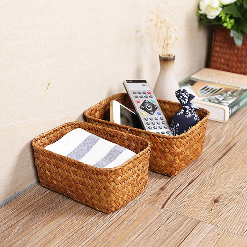 

Woven Seagrass Storage Baskets Straw Rattan Basket Desk Organizer Picnic Basket Fruit Storage Box Cosmetic Storage Container