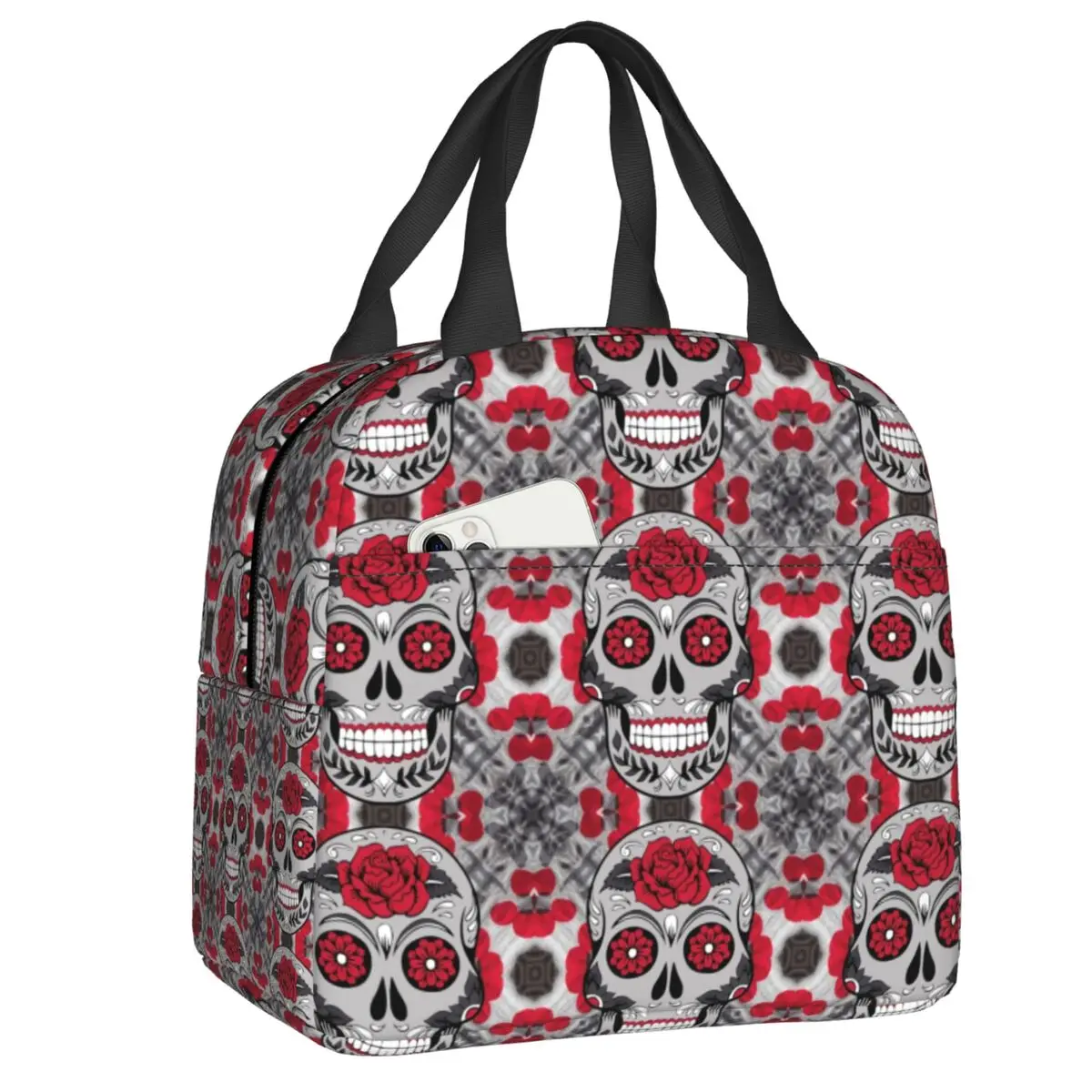 

Sugar Skull Rose Pattern Insulated Lunch Bags for Outdoor Picnic Day of The Dead Leakproof Cooler Thermal Bento Box Women Kids