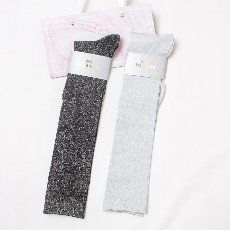 2018 Spring and Summer New Knee Length Socks Student Socks Silver Silk Women's Mid Tube Stockings over Knee Lace Calf Socks