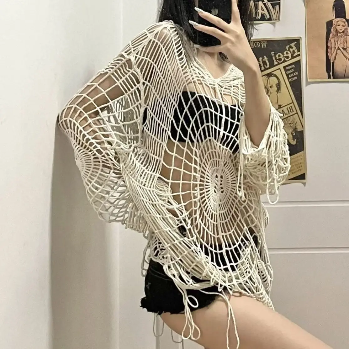 

Hollow Knit Hooded Top Y2k Clothes Spider Web Spice Girl Mesh Pullovers Thin Women Korean Fashion Fishing Net Sweaters Gothic