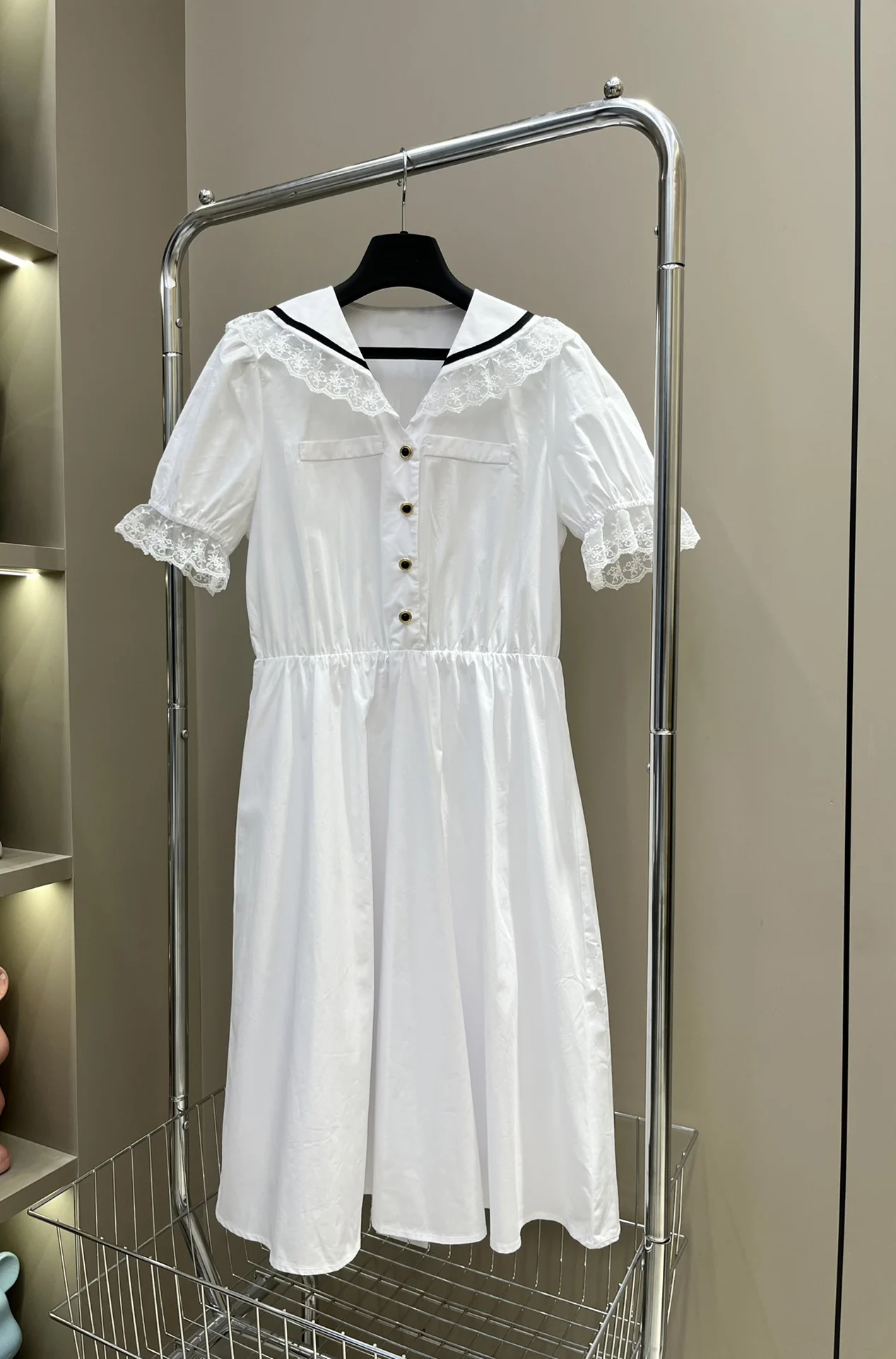 Spring/summer new Naval Academy style bubble short sleeve waist dress with lace trim713
