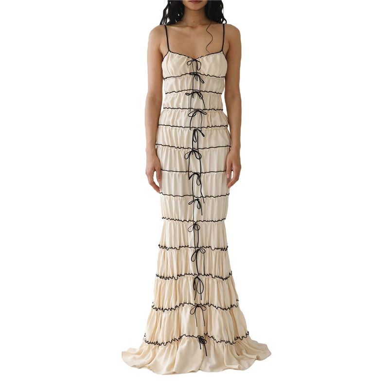 

Tiered Layered Dress Women 2000s Spaghetti Strap Sleeveless Slip Long Dress with Bow y2k Aesthetic Flowy Hem Dress Clubwear