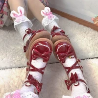 fashion red pu girls lolita shoes japanese style kawaii bear buckle zapatillas mujer patchwork bow mary janes 2022 spring shoes