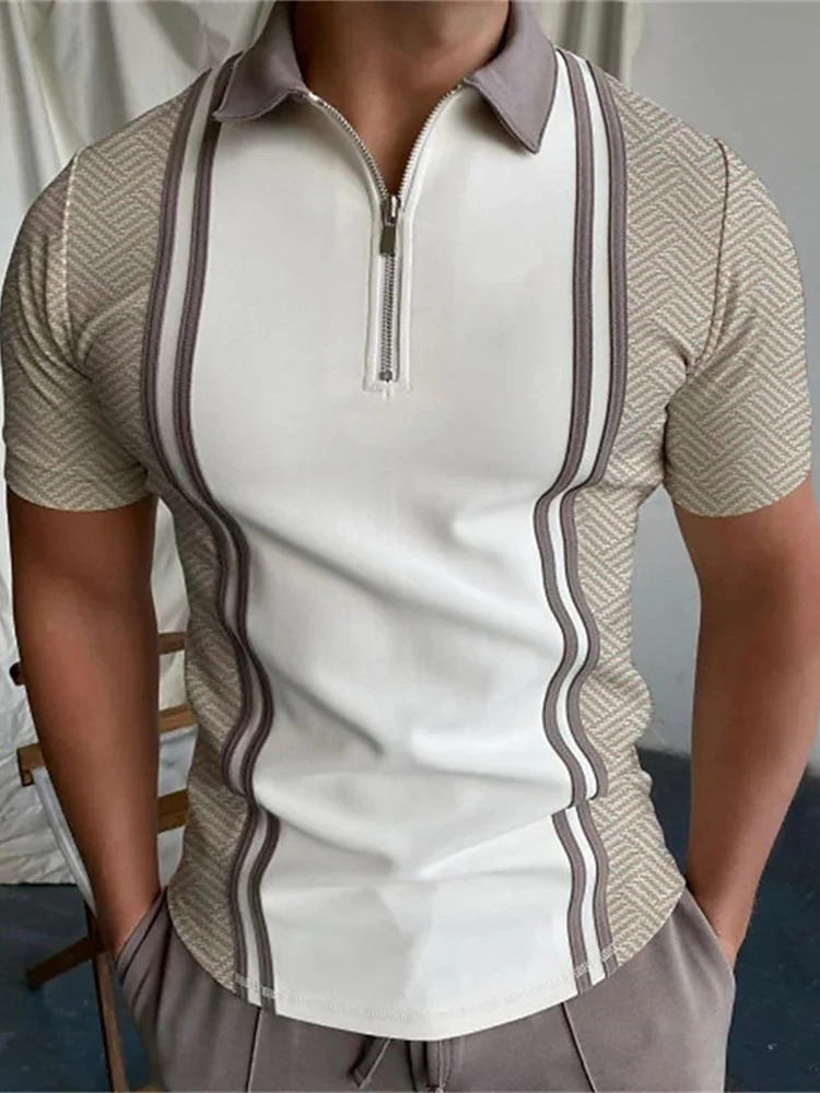 

Повседневная цветная рубашка-поло в стиле пэчворк для мужчин, модные топы на молнии с отложным воротником, мужские пуловеры, новинка 2022, лет...