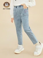 a21 girls kids jeans 2022 autumn new stretch fit elastic waist straight pocket letter printing casual denim trousers pants