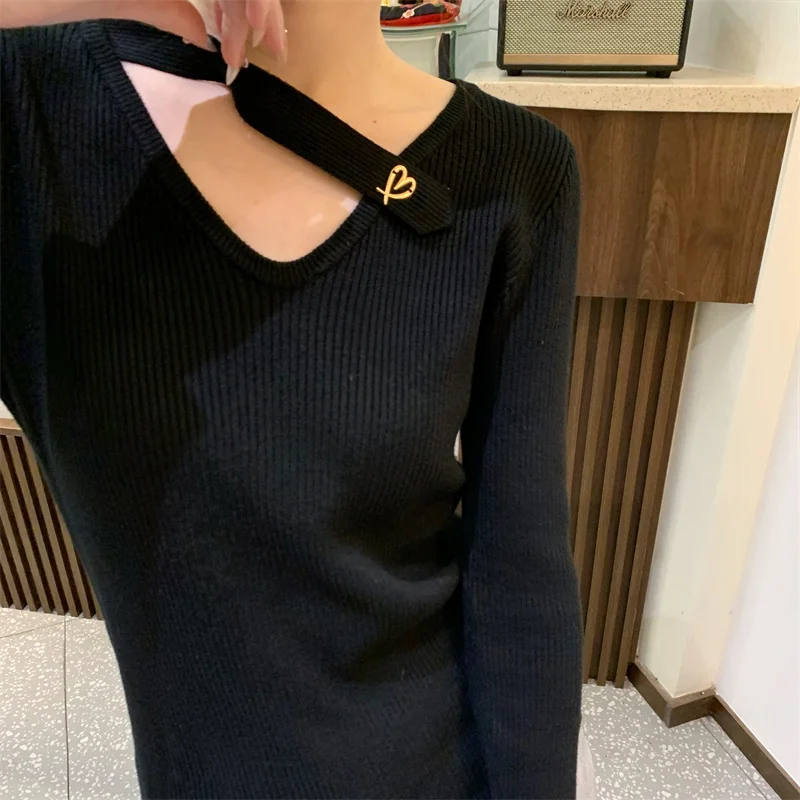 

GG1766 Design sense of minority collarbone bottoming knitwear women's Korean 2022 new slim long sleeve top
