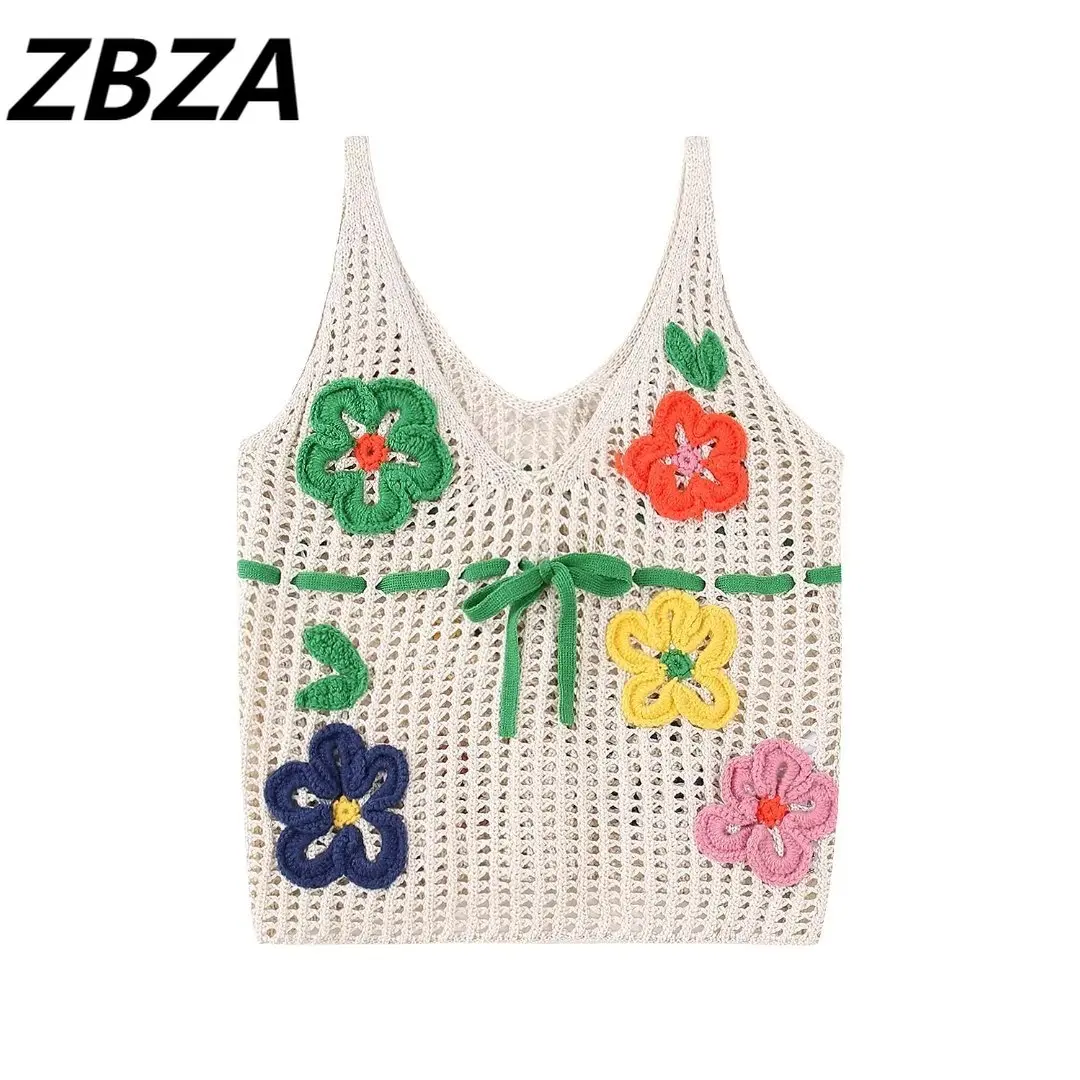 

ZBZA Women 2023 New Fashion Chic Vintage Summer Short V-neck Hollow Out Flower Decoration Crochet Knitting Tops Female