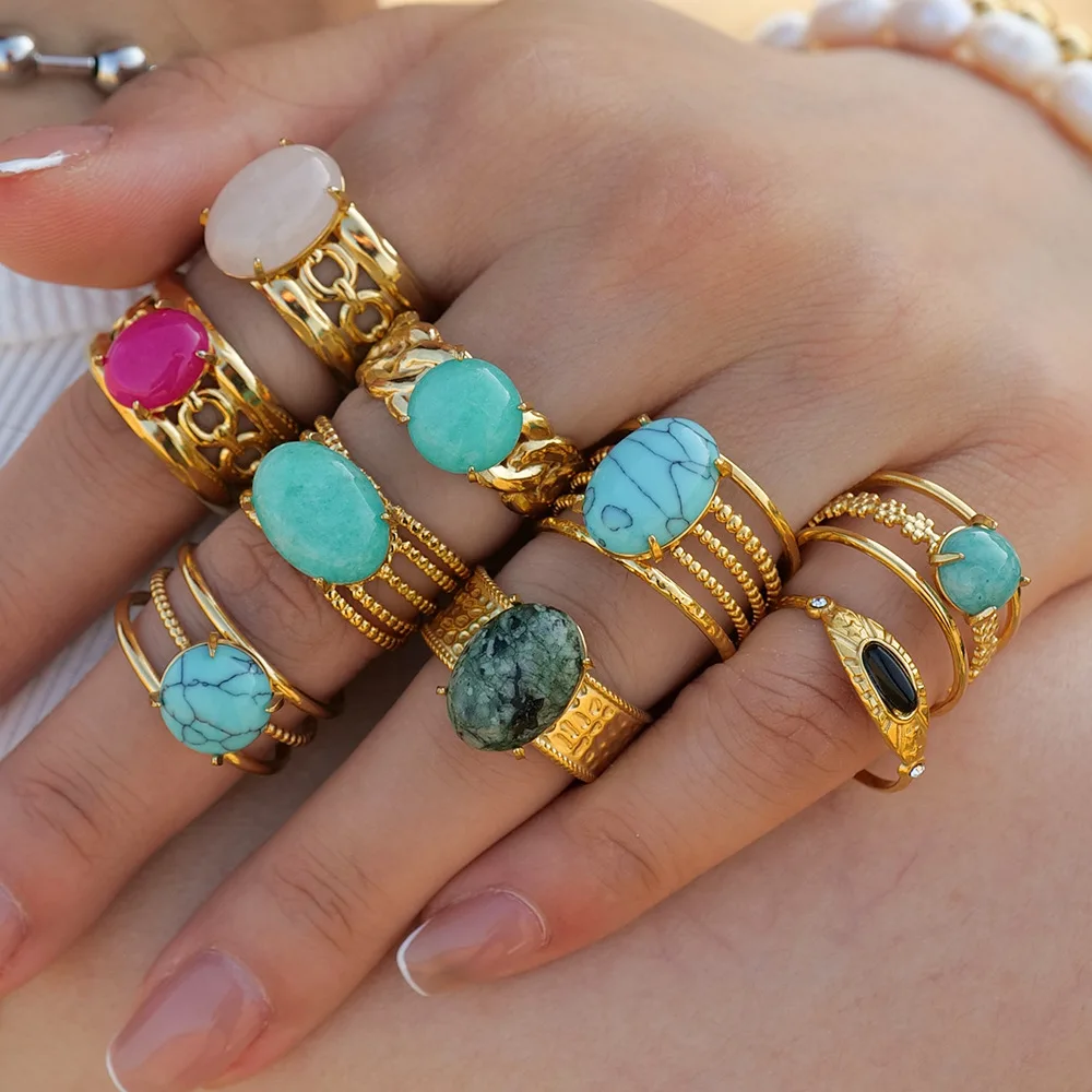 

Boho Vintage Natural Stone Rings For Women Stainless Steel Open Cuff Ring Engagement Wedding Jewelry Gift Bague