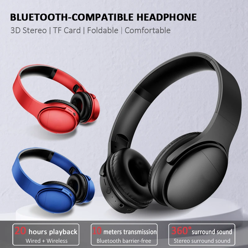 

Pro Bluetooth-Compatible Headphones Wireless Eearphone with Mic Hands-free HIFI Stereo BT5.0 Over-Ear Headset support TF Card