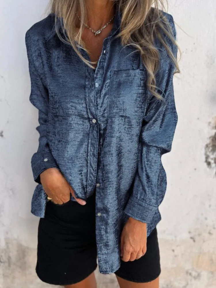 Весна-лето женская блестящая золотая модная блузка с длинными рукавами