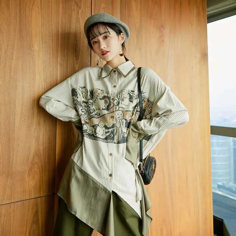 

Chiffon Printing Women's Blouse Stripe Shirt Summer Elegant Long Sleeve Tops Female Fashion Streetwear Clothing