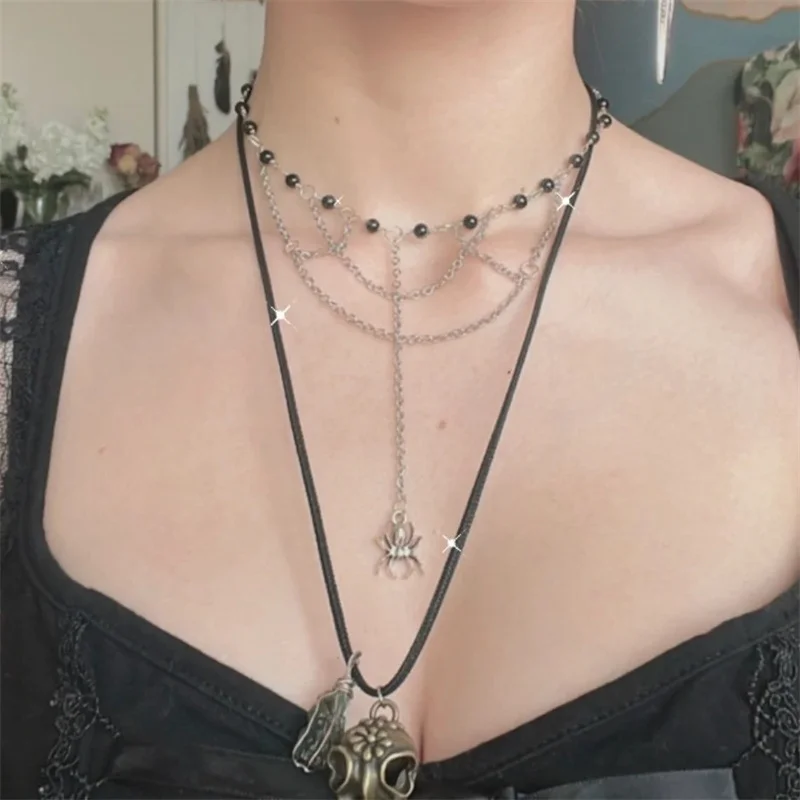 

Gothic spider Rosary Necklace-Vintage-Spider Pendant-Gothic Jewelry-Black Glass Beaded choker-with web chains and Spider Charm