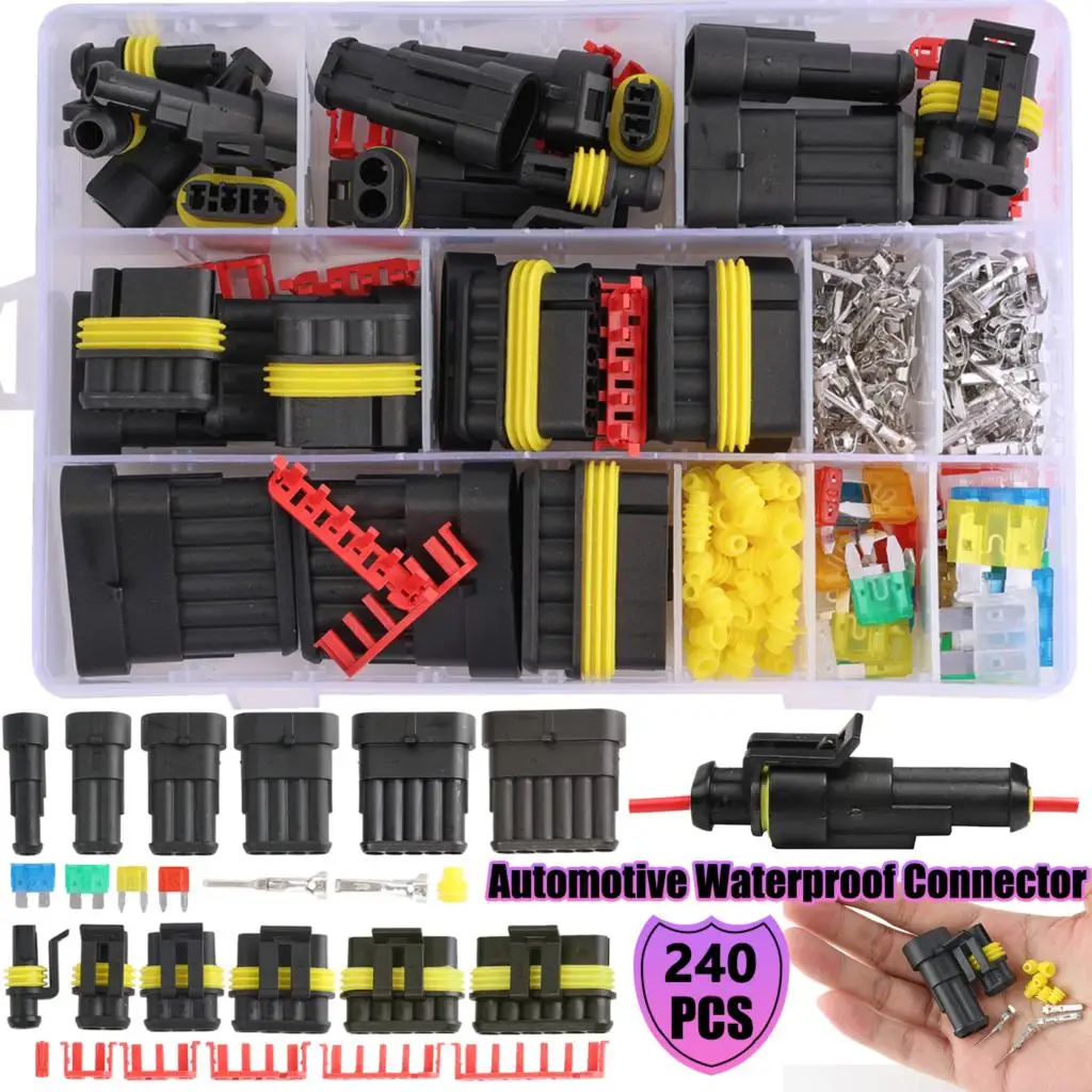 

240 шт. Водонепроницаемый Автомобильный Электрический разъем Superseal AMP/Tyco 1/2/3/4/5/6 Pin Way с мини-предохранителем 12 В комплект электрических разъемов