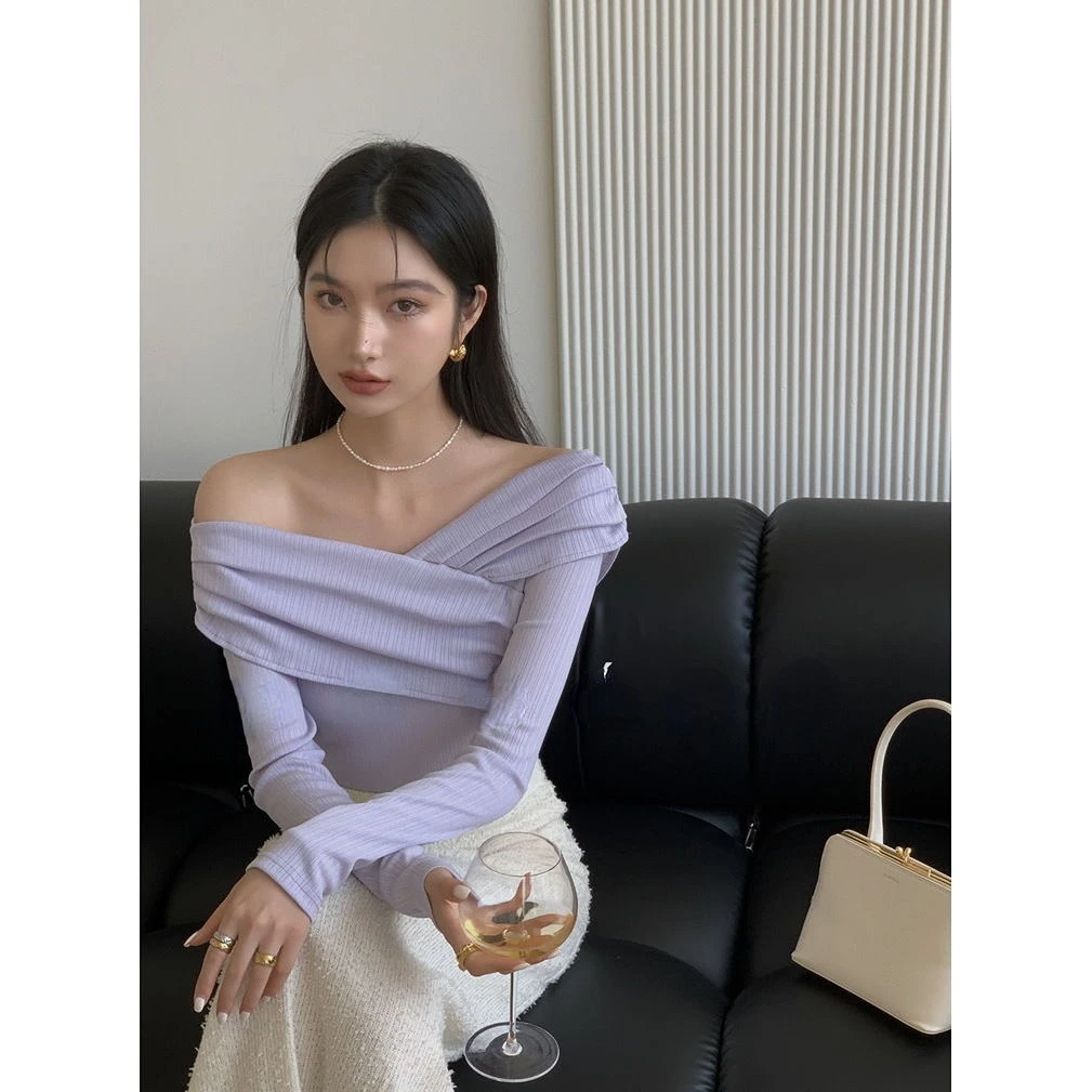 

Лидер продаж, женская футболка с длинным рукавом и воротником-лодочкой, весна и лето 2022, Новый асимметричный приталенный Повседневный Топ, р...