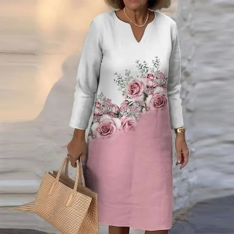 

Женское Повседневное платье-трапеция, элегантное свободное платье-пуловер составного кроя с длинным рукавом и V-образным вырезом, винтажный принт, 2023