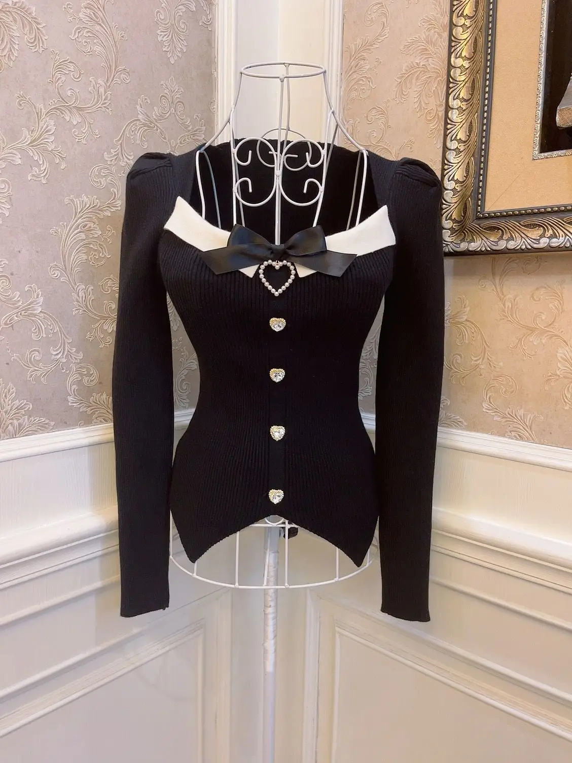 

French Style Princess Sweater Top for Women Bow Rhinestone Pullover Sweater Contrast Color Slim Fit Knitted Sweaters