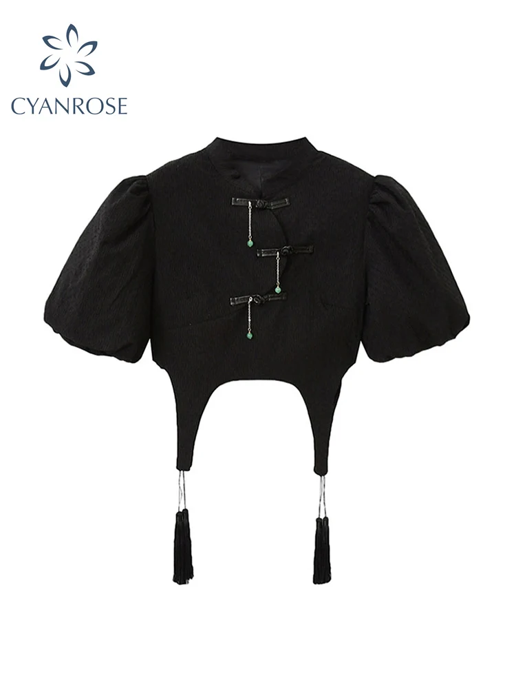 Женский винтажный укороченный топ свободная Повседневная рубашка с пышными