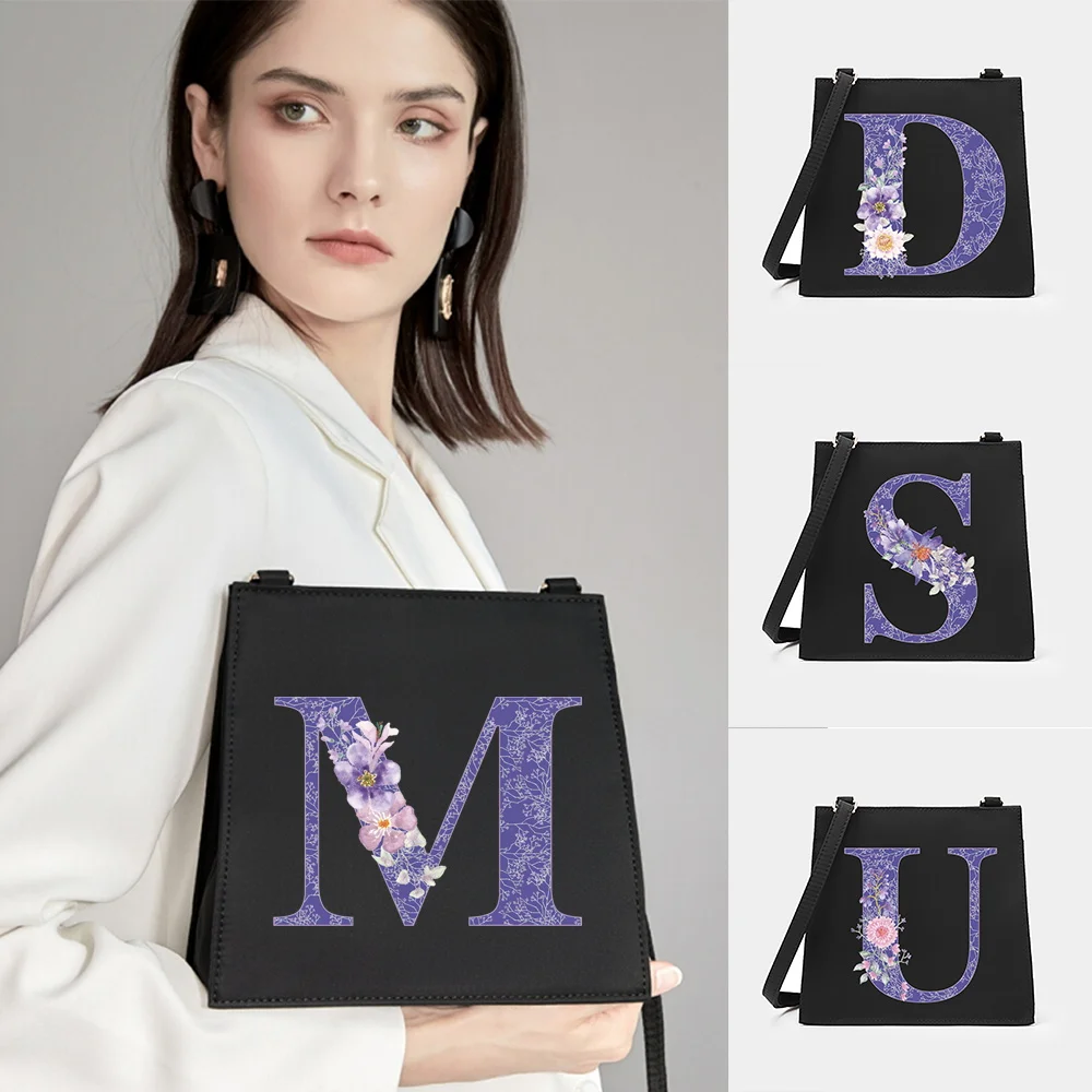 

Women Shoulder Messenger Commute Purse Handbag Designer Small Square Bags Purple Flower Letter Series Pattern Crossbody Tote