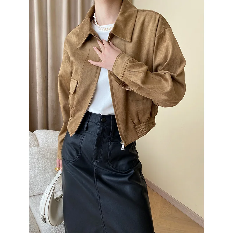 

Women's Vintage Crop Suede Jacket Elastic Hem Brown Black Mote Coat for Fall Winter