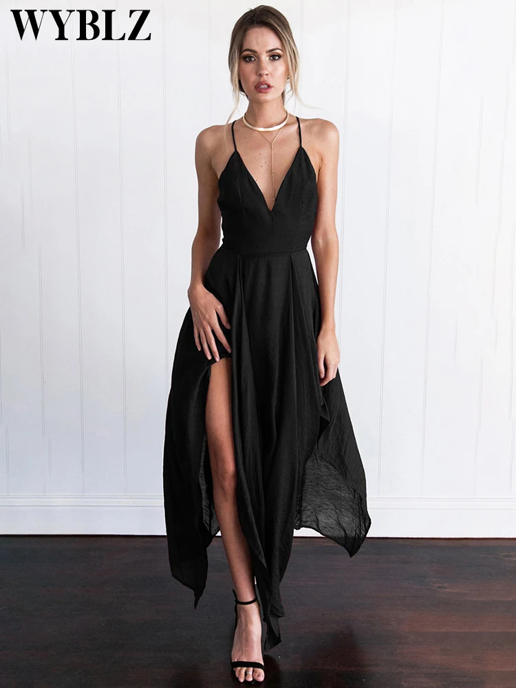 

Summer Women Spaghetti Strap Dress Sexy Deep V Neck Backless Sleeveless Strap Split Midi Dress Party Elegant Dressses for Women
