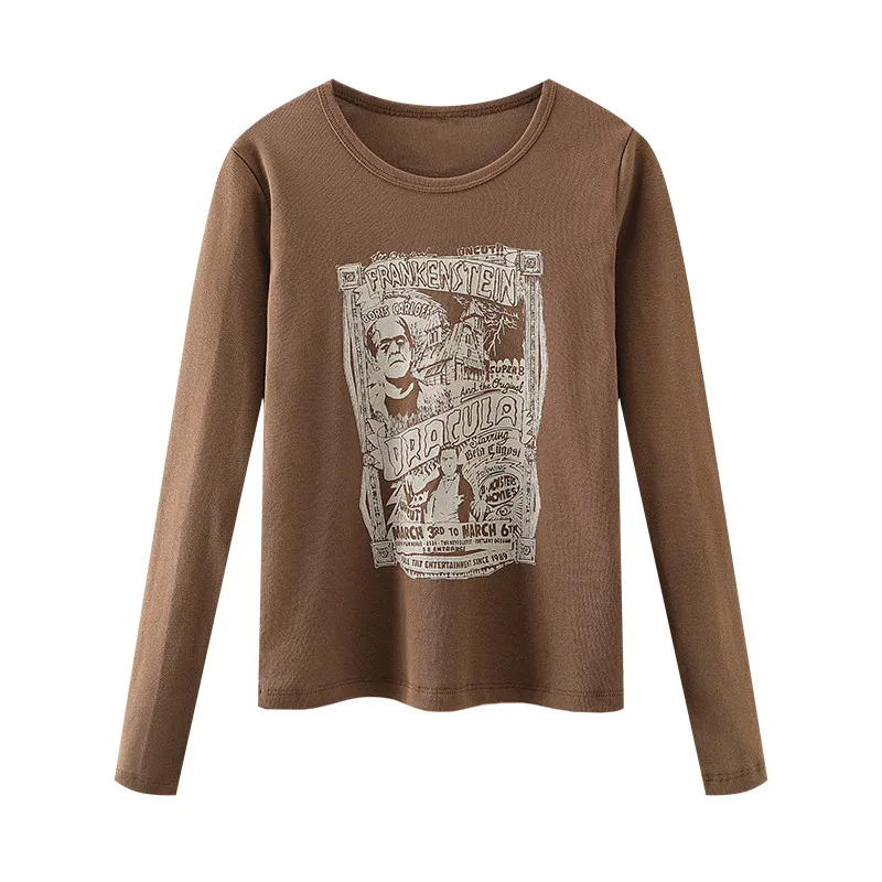 

Casual Women Soft Cotton O Neck T-shirt 2022 Spring-autumn Fashion Ladies High Street Vintage T-shirt Female Printed Slim Top