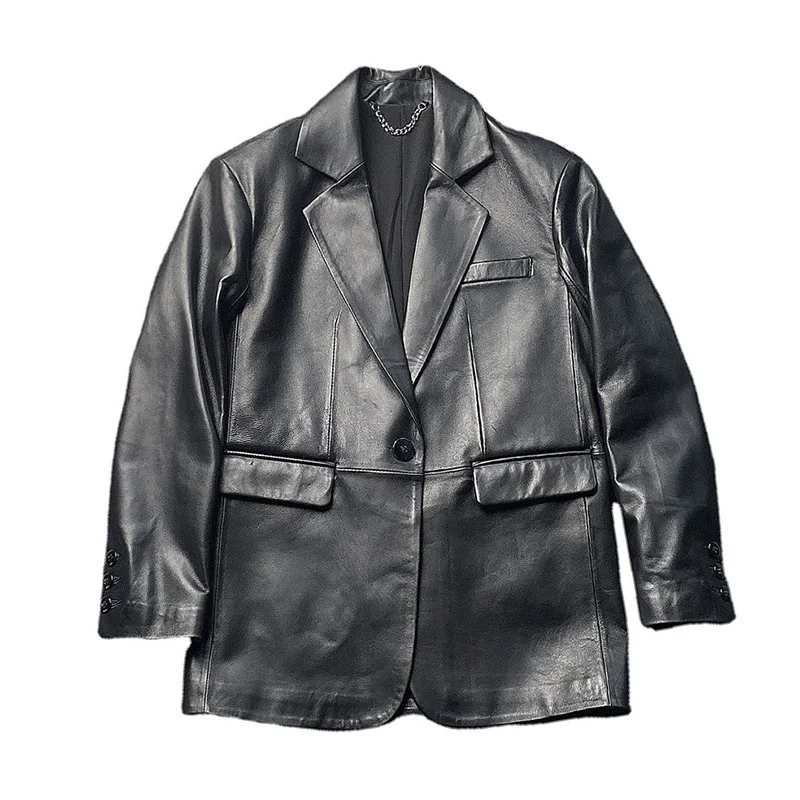 Lady Real Leather Long Jackets Solid Sheepskin Coat Jacket Loose Mid Length Straight Blazer Fashion 2022 Autumn Outwear TF4778