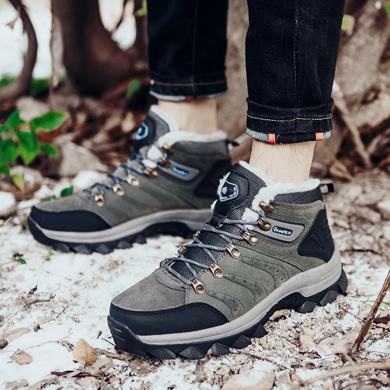 New Warm Fur Leather Hiking Boots Mens Womens Winter Outdoor Non Slip Hunting Boot Snow Boots Male Trekking