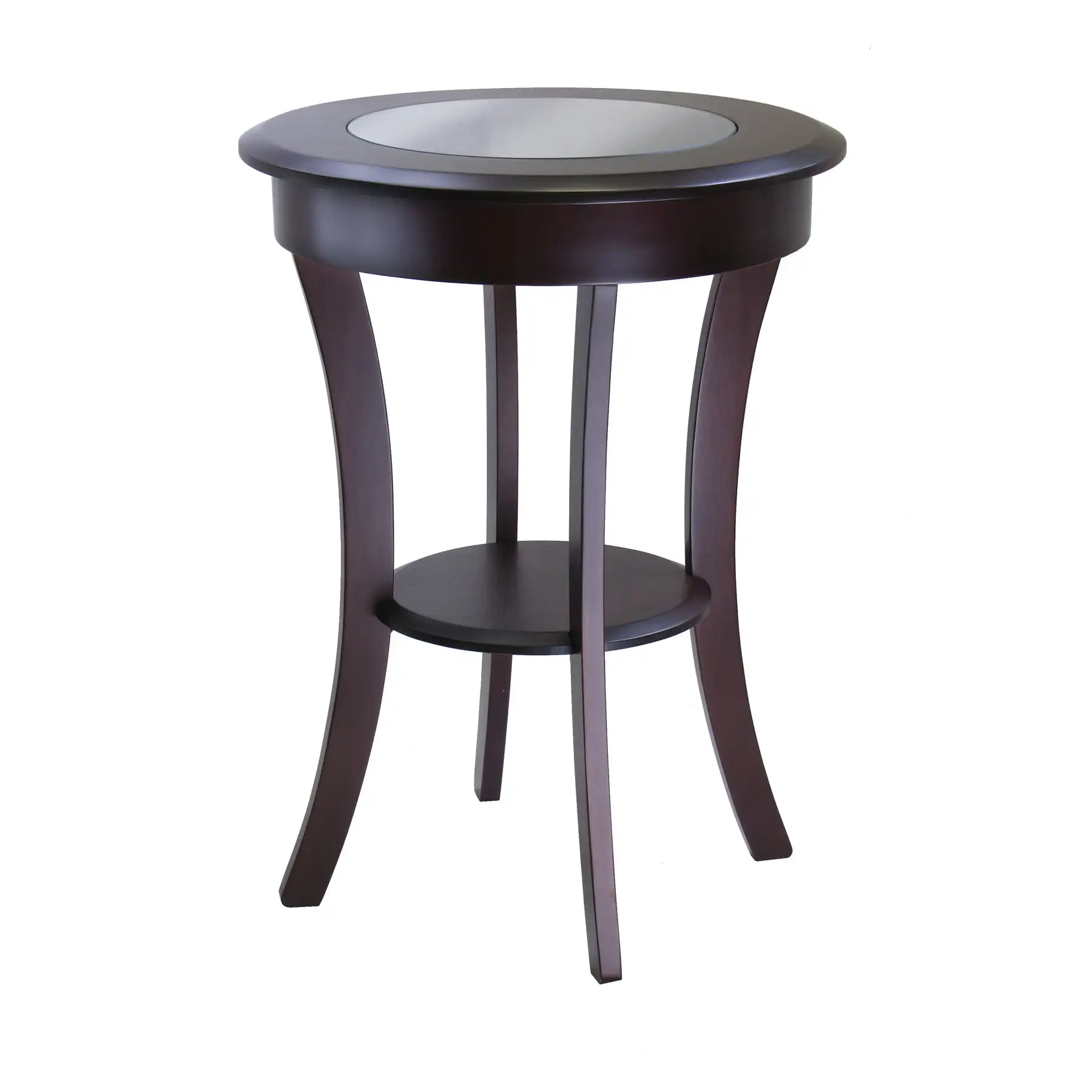 

Wood Cassie Round Accent Table with Glass Top, Cappuccino Finish