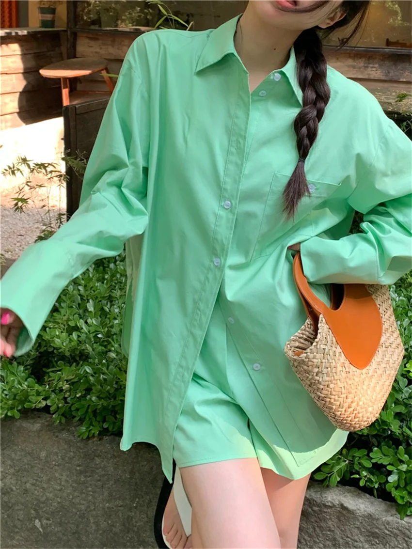 

Alien Kitty Minimalist Full Sleeve Loose Shirts Women Summer Sunscreen Chic 2023 OL Suits High Waist Fashion Casual Shorts Sets