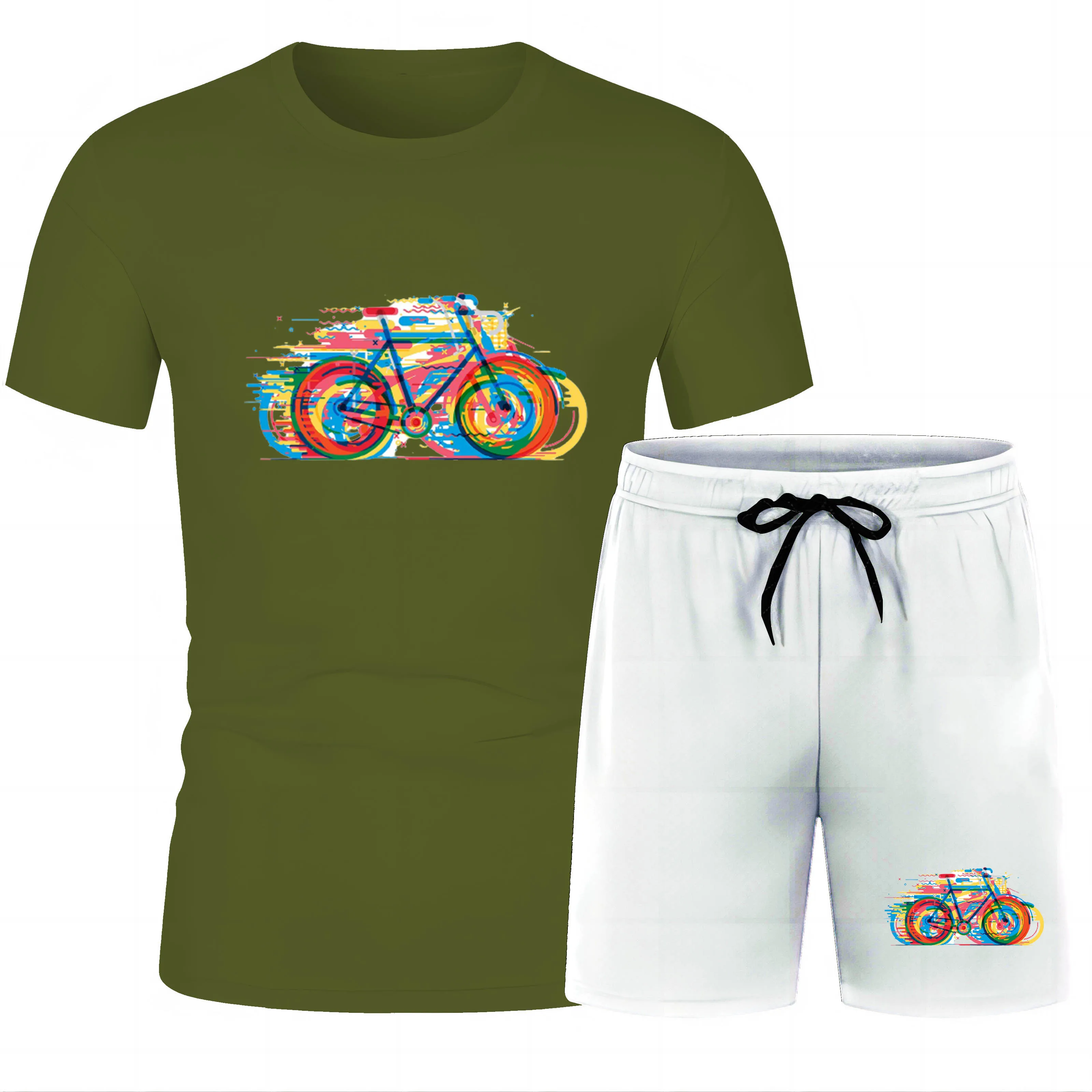 Four Seasons Fashion Outdoor Sports Casual 2d Printed Cycling Men'S Crewneck Short Sleeve Beach Pants T-Shirt Set Loose