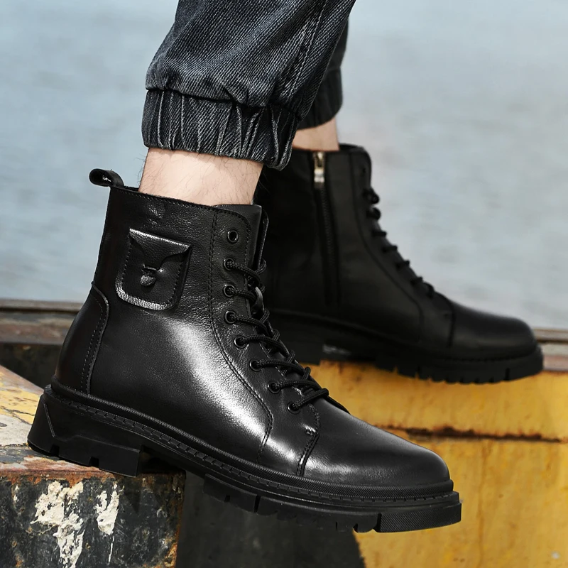 ankle Boots genuine Leather Men Shoes lace up Dress Formal Boots Model Fashion plush warm winter snow boots men big size 48 49