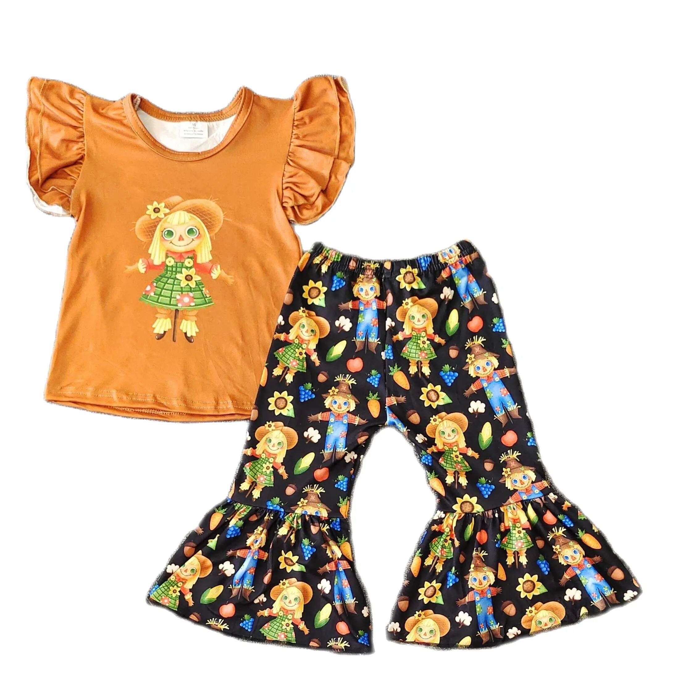 

Summer Boutique Baby Girls Farm Suit Scarecrow Print Orange Top Flared Pants Set Cute Infant Clothes