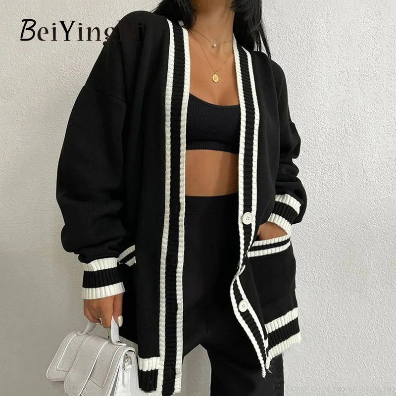 

Beiyingni Loose Cardigan Women's Sweater Single-breasted Spell Color Ladies Sweaters Autumn Winter Elegant Knitting Midi Tops