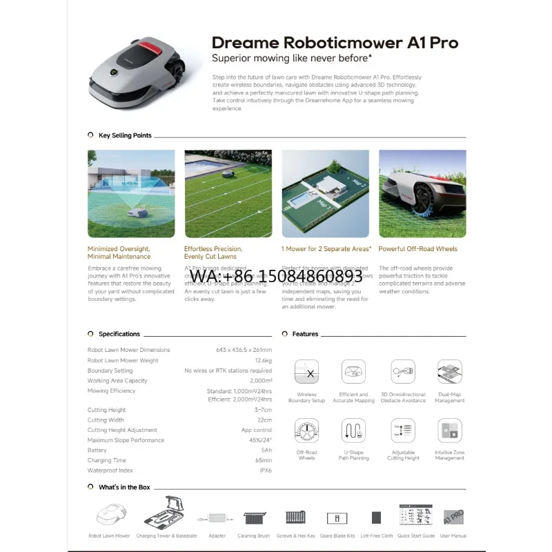 Фото Робот-газонокосилка Dreame A1 Pro Smart: самоходная, беспроводная, с навигацией LiDAR+Vision, бескрашневая стрижка, автоматическая зарядка, для дома №5