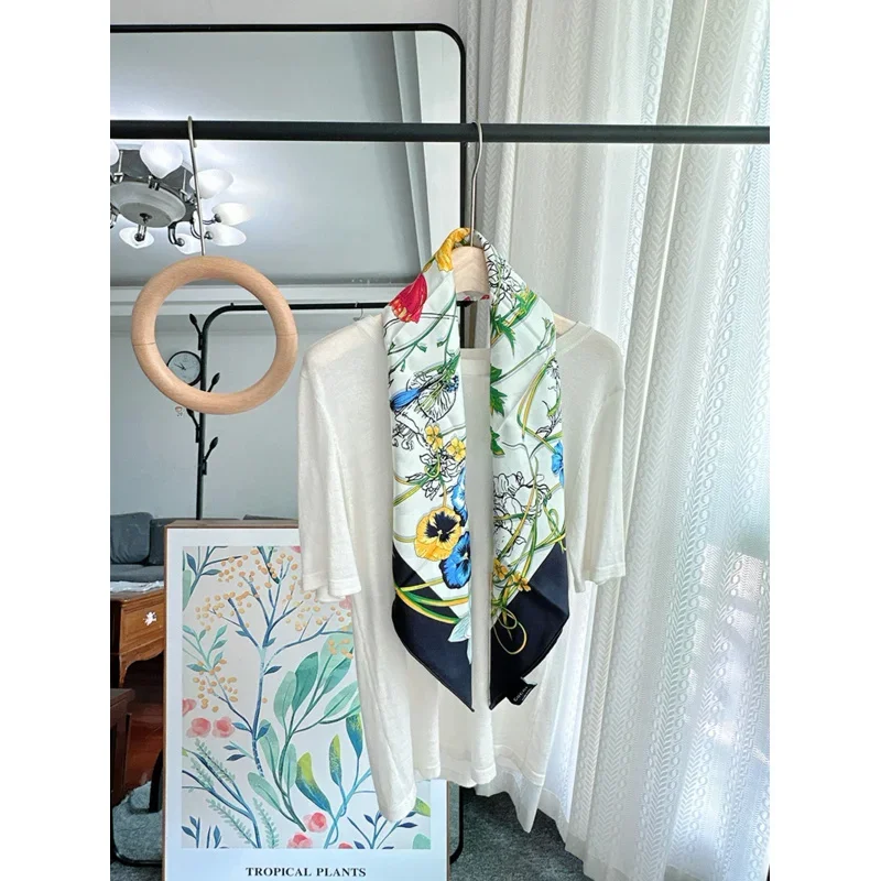 2024 шелк натуральный 100 ℅ шарф женский роскошный дизайнерский 90x90 цветочный