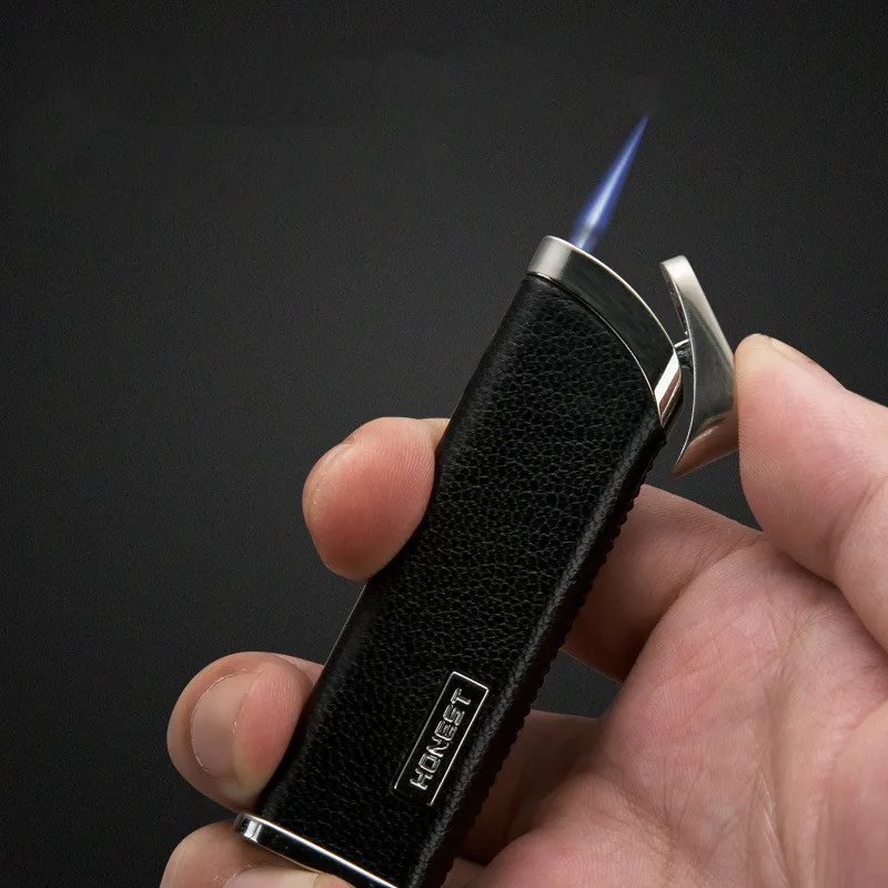 

HONEST Quality Sheep Skin Splicing Metal Gas Lighter Windproof Blue Flame Igniter Exquisite Process Press Ignition 2023