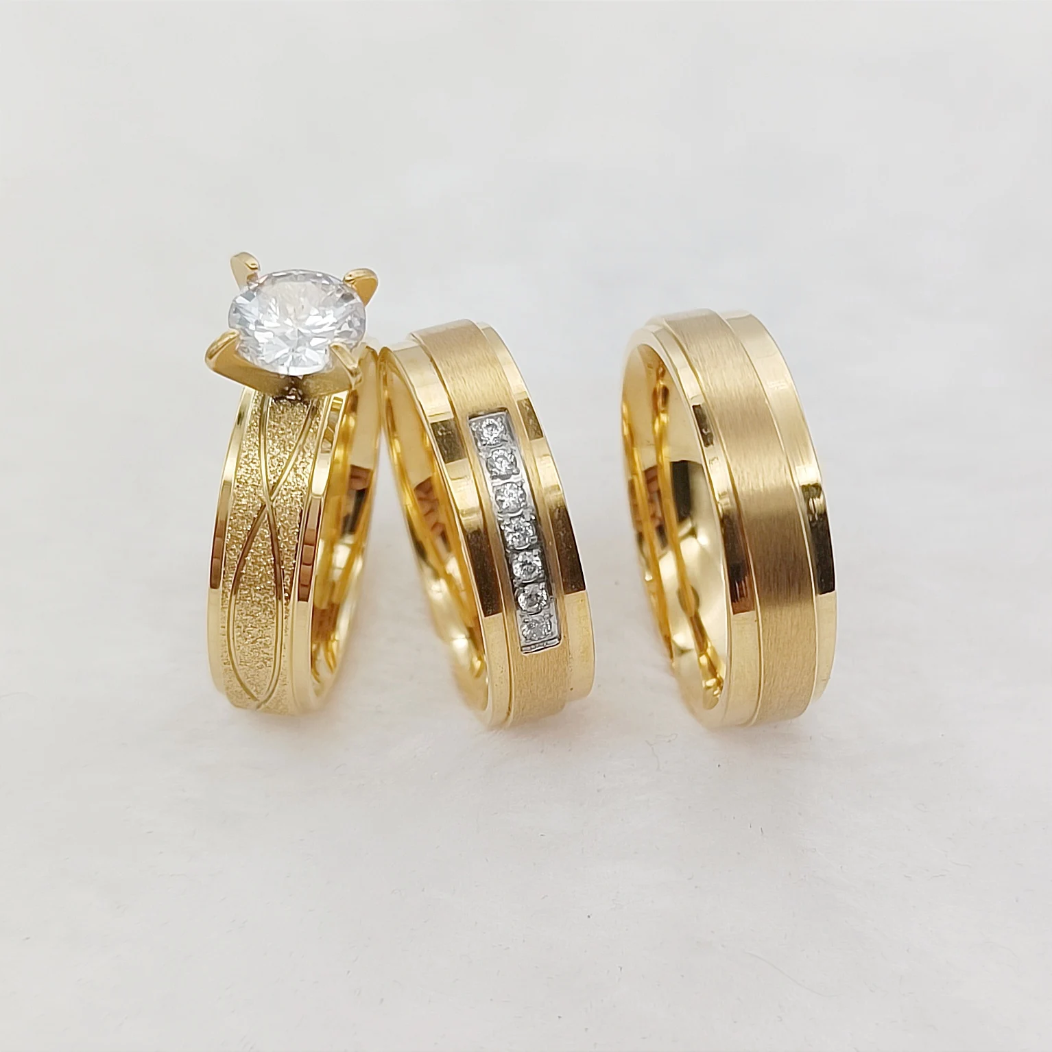 

Affordable Proposal Bridal Sets 24k Gold Plated Stainless Steel Jewelry 3pcs Marriage Wedding Engagement Rings For Couples