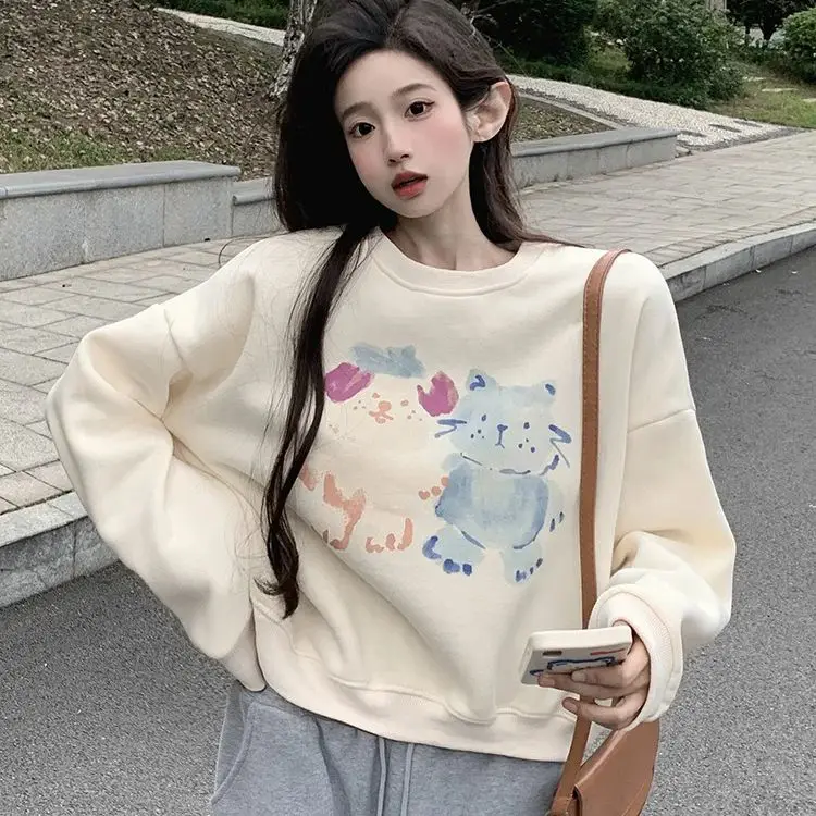 

Hsa/осенний женский свитер с принтом кошки, полностью намерены к Y2K, пуловер с длинными рукавами и принтом красителя, модные женские толстовки с капюшоном с круглым вырезом