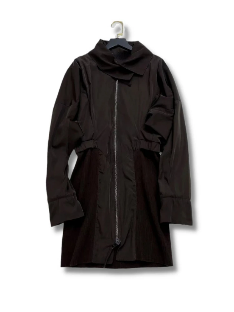 

Women Trench 2022 Early Autumn New Style Brown Long Fashion Lapel Stitching Zipper Jacket